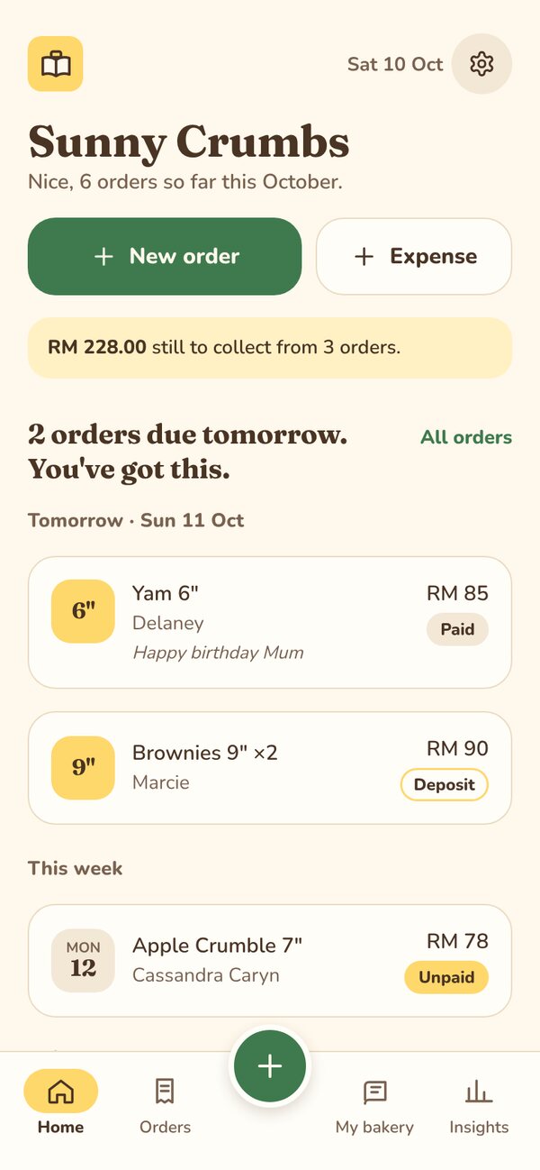 Butterbook Home screen showing orders due tomorrow and money still to collect