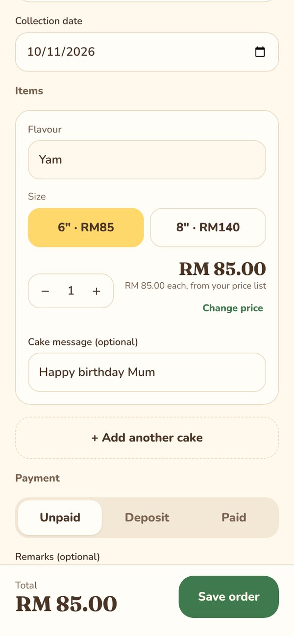 New order form with Yam 6 inch at RM 85 and a cake message