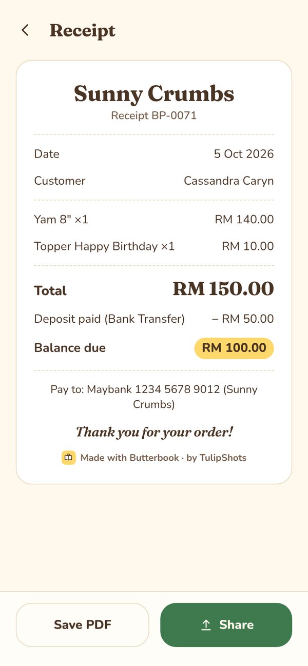 A Butterbook receipt with the bakery's name and balance due